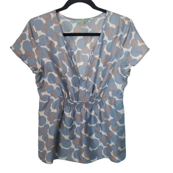 Boden Womens 8 Blue Gray Polka Dots Short Sleeves Smocked Silk Blouse Top - Picture 1 of 7